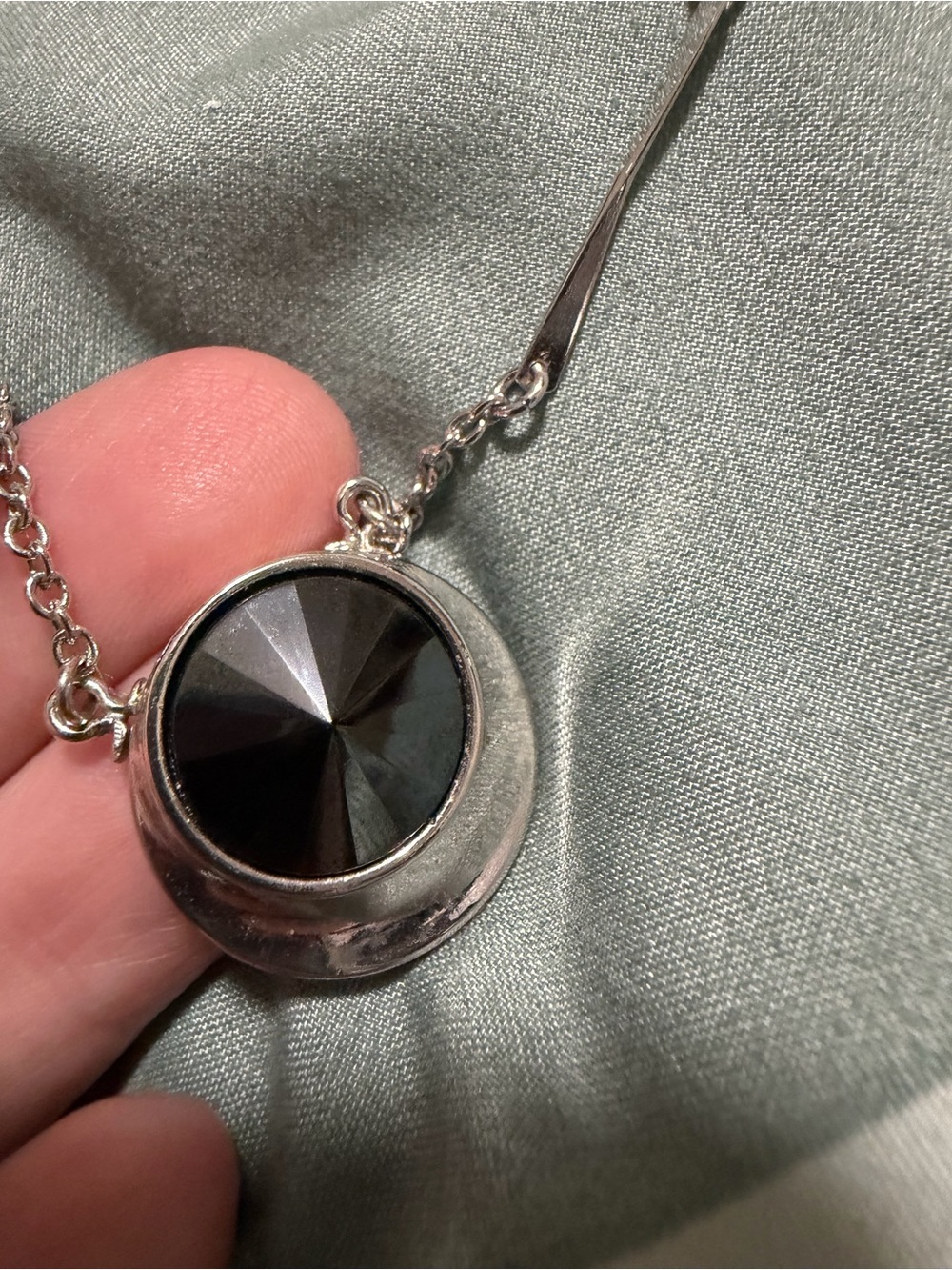 Sarah Coventry Silver-Tone Necklace with Black Faceted Round Stone Pendant